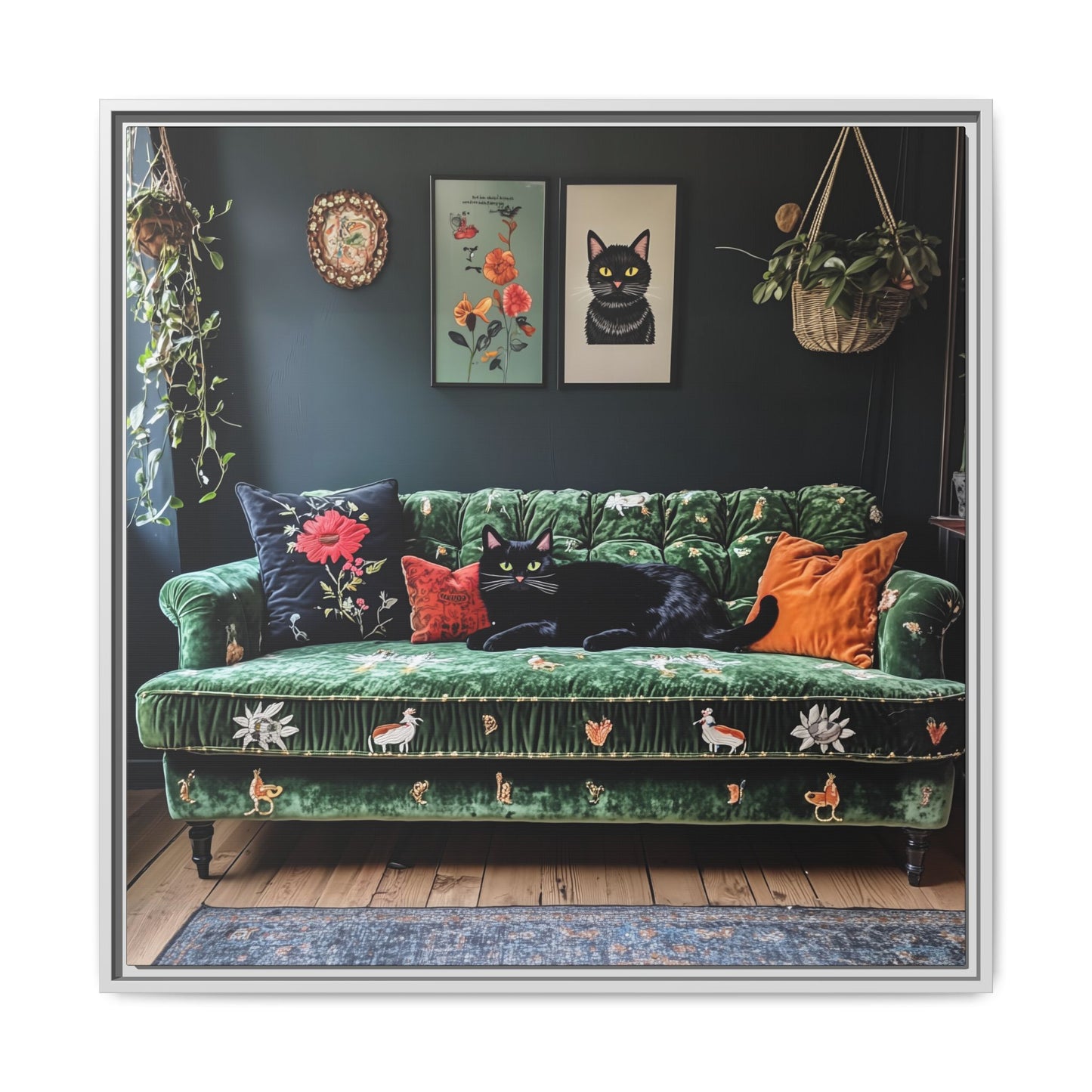 Black "House Cat" Living Room Art Matte Canvas Framed, Green Sofa Boho
