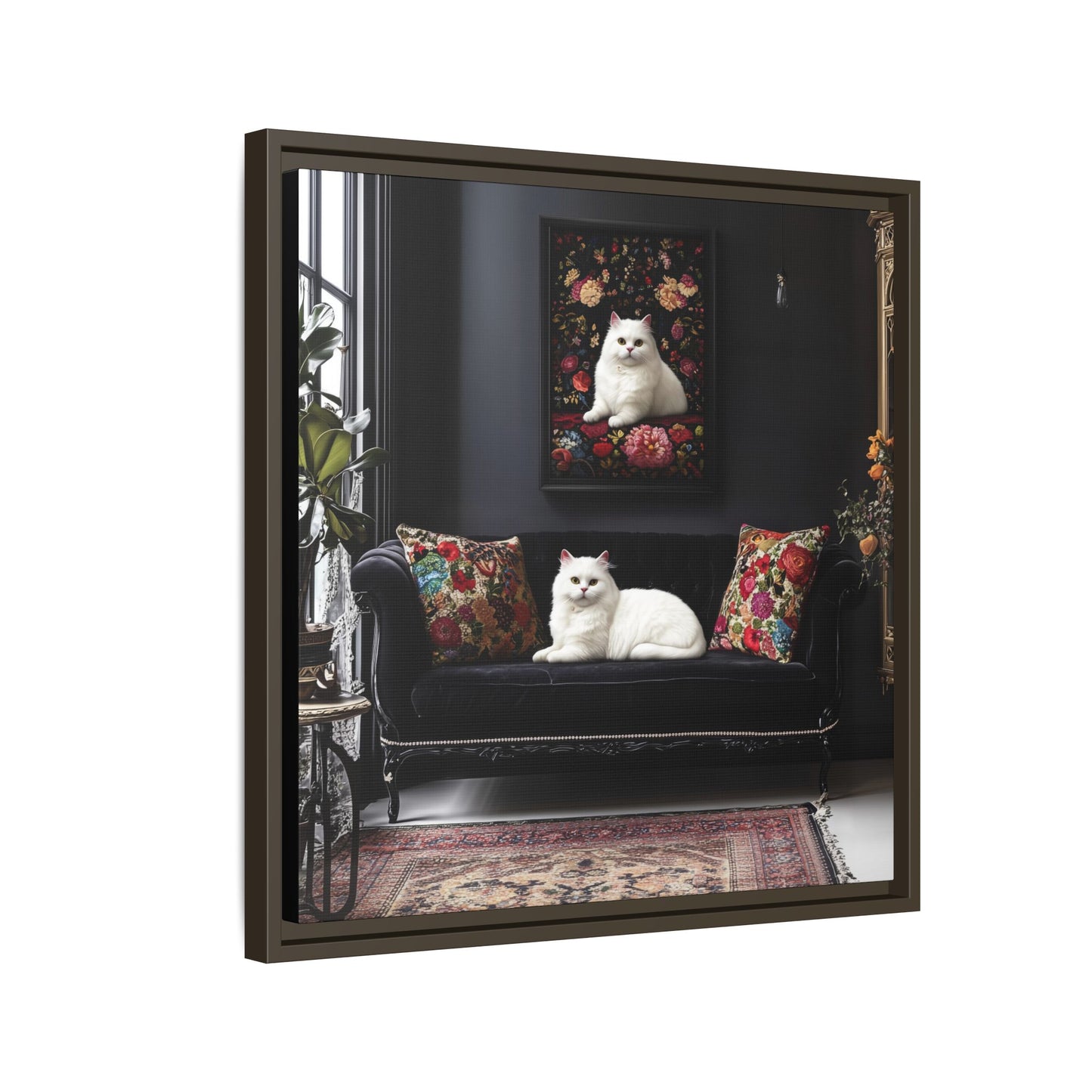 White Persian "House Cat" Portrait Matte Canvas Framed | Floral Still Life Wall Art