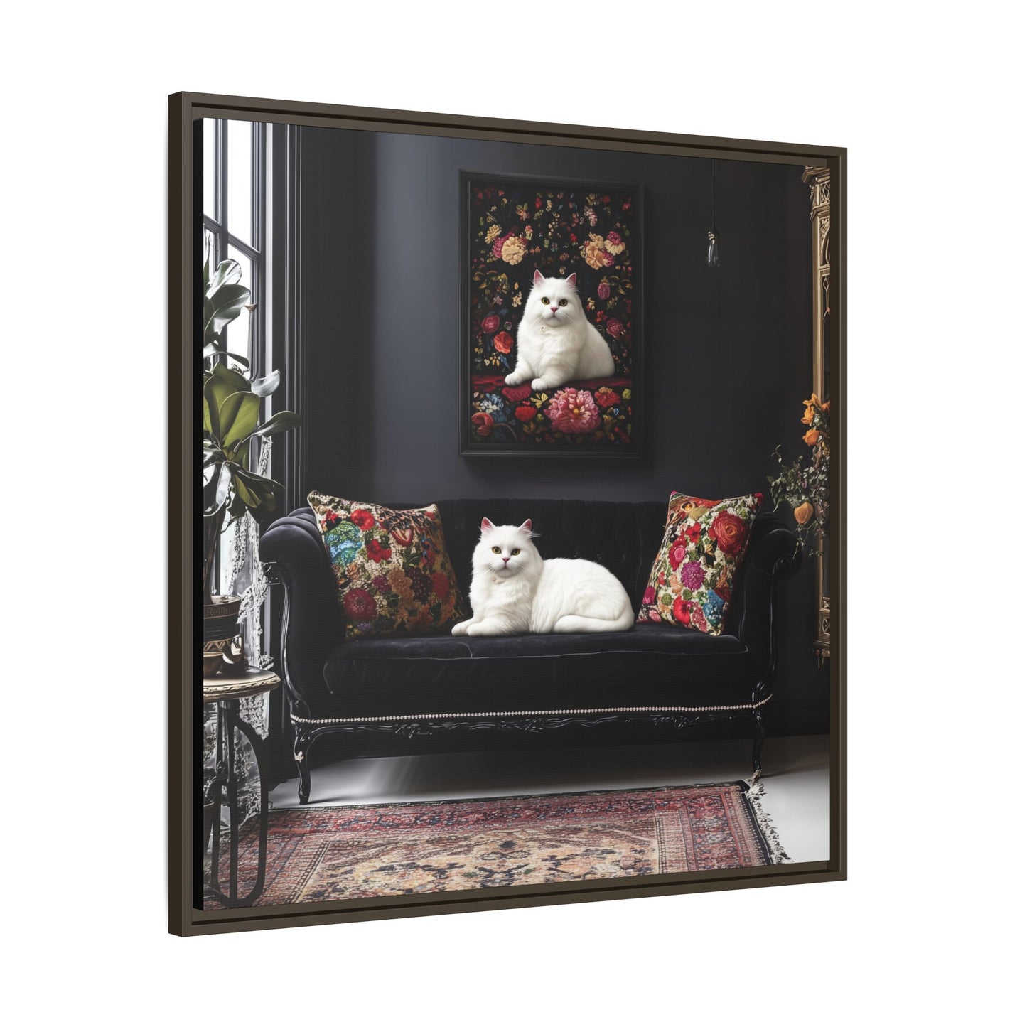 White Persian "House Cat" Portrait Matte Canvas Framed | Floral Still Life Wall Art