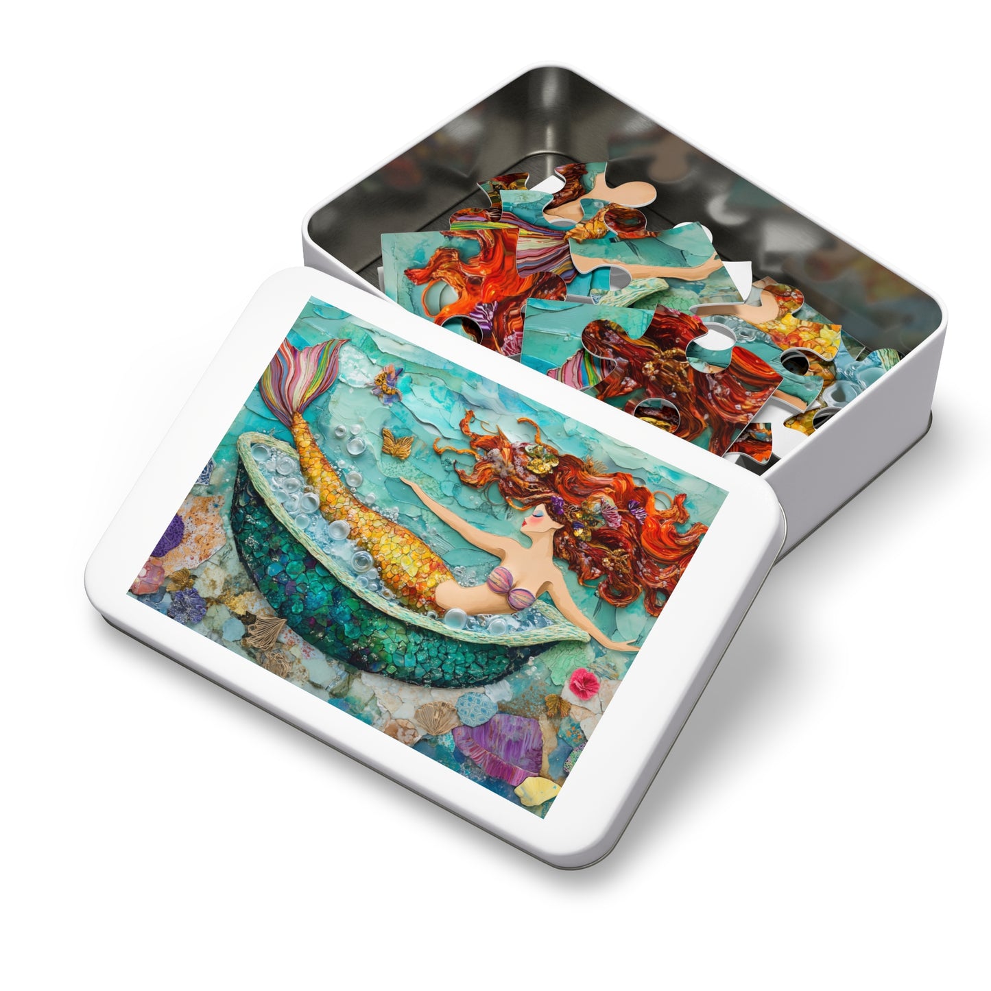 Bubbles Mermaid Bath Tub Jigsaw Puzzle with Tin | Colorful Redhead Mermaid Art Puzzle