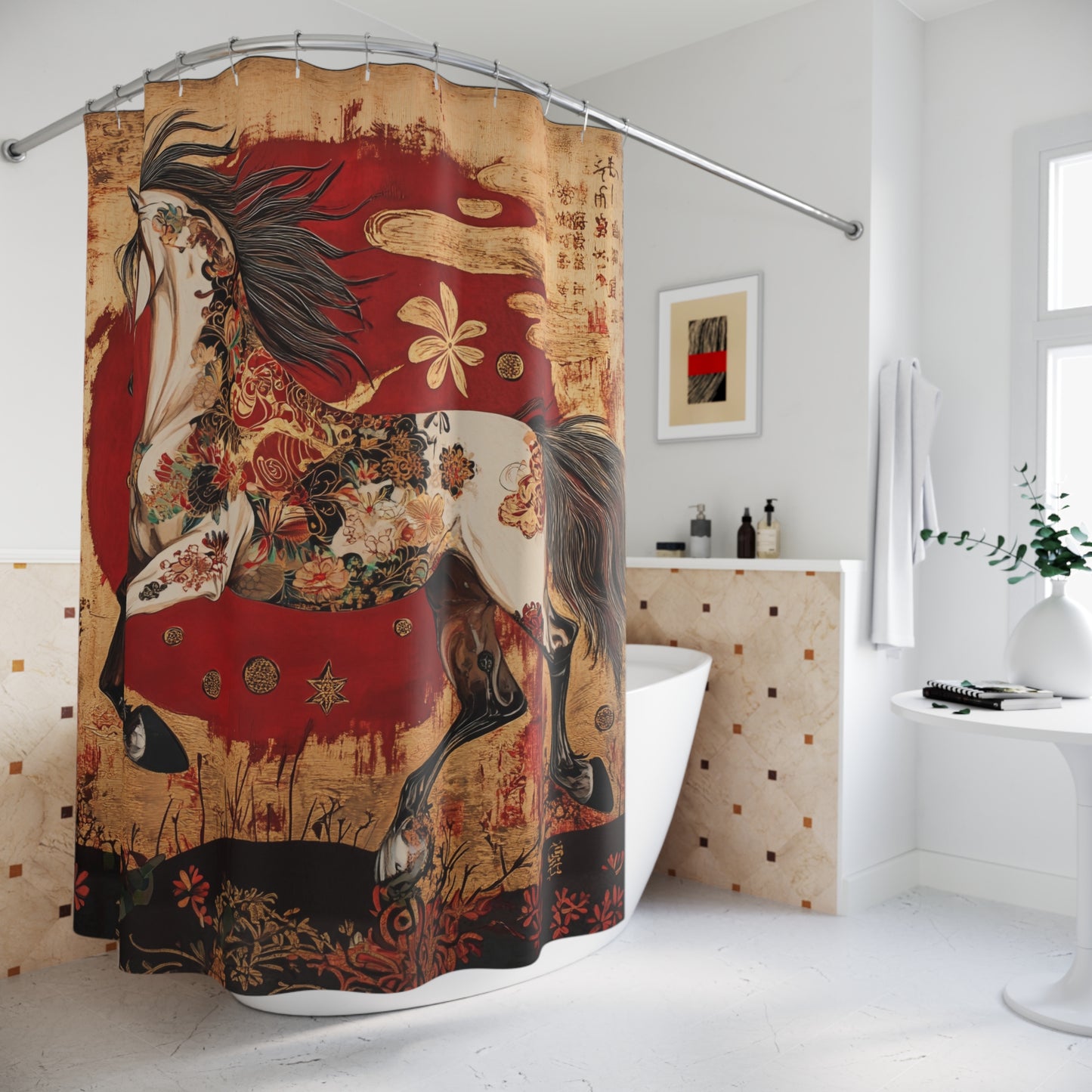 Year of The Horse Shower Curtain Asian Motif Equestrian Bath 71" x 74"