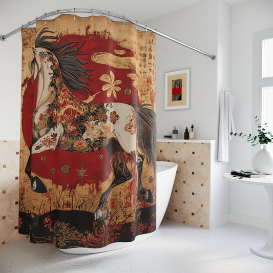 Year of The Horse Shower Curtain Asian Motif Equestrian Bath 71" x 74"
