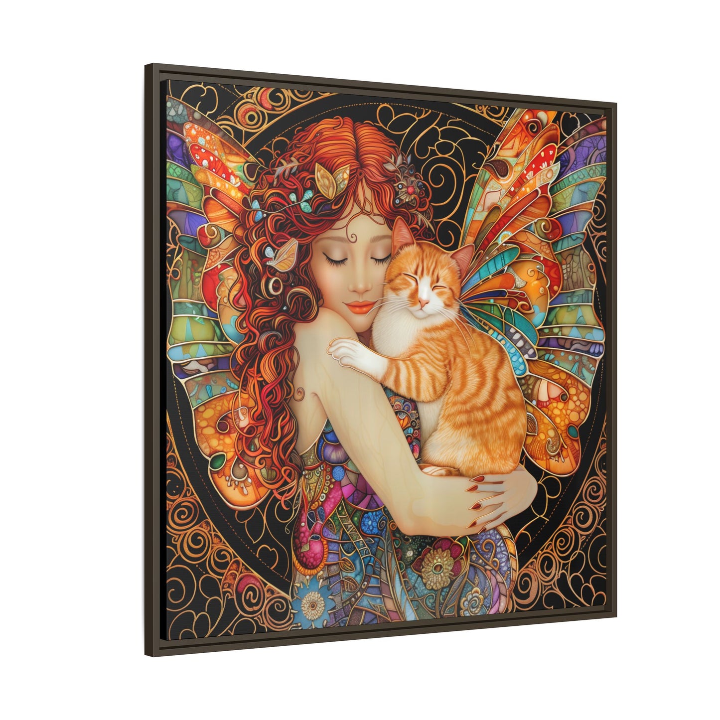 Framed "Tabby"  Fantasy Canvas Art Print - Whimsical Wall Decor, Fairy and Cat Illustration, Magical Gift for Cat Lovers