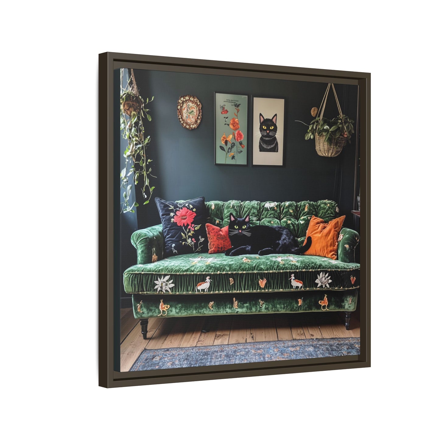Black "House Cat" Living Room Art Matte Canvas Framed, Green Sofa Boho