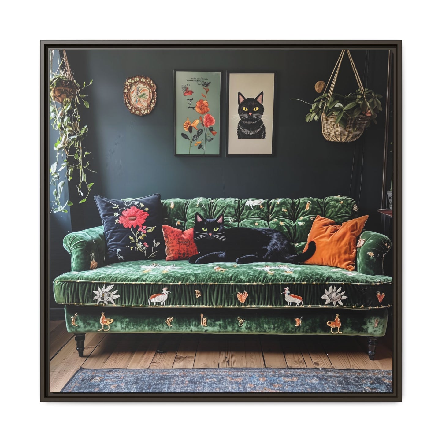 Black "House Cat" Living Room Art Matte Canvas Framed, Green Sofa Boho