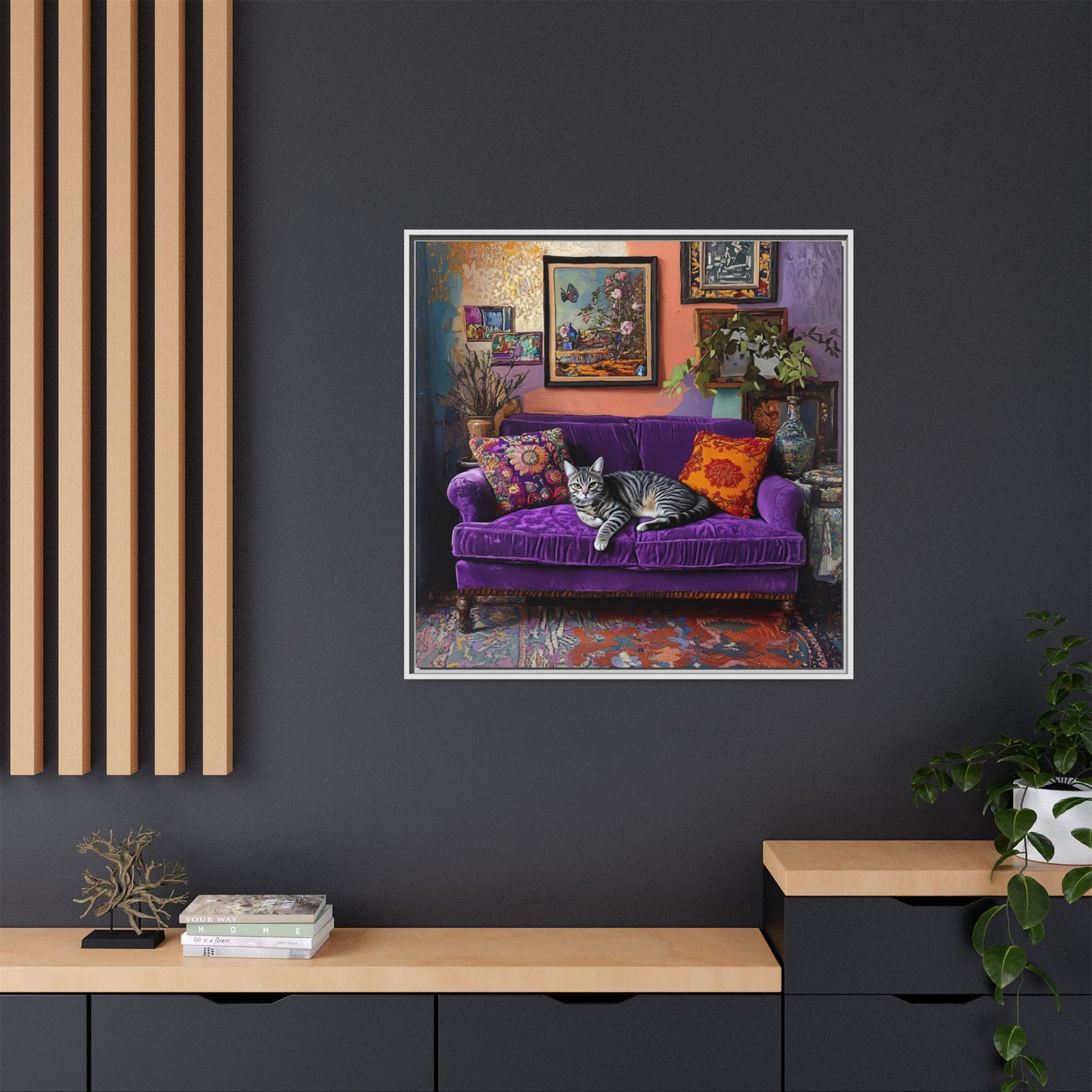 Tabby "House Cat" on Purple Velvet Sofa Matte Canvas Framed | Wall Art