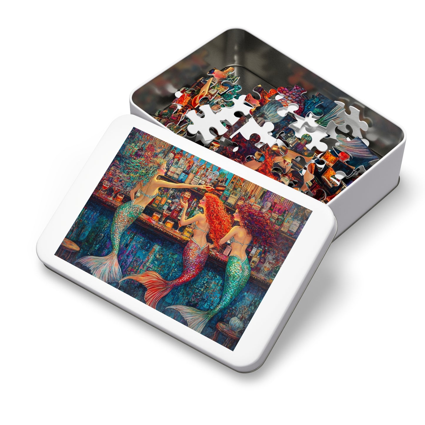 Mermaid Bar Scene Jigsaw Puzzle with Tin | Colorful Ocean Sirens