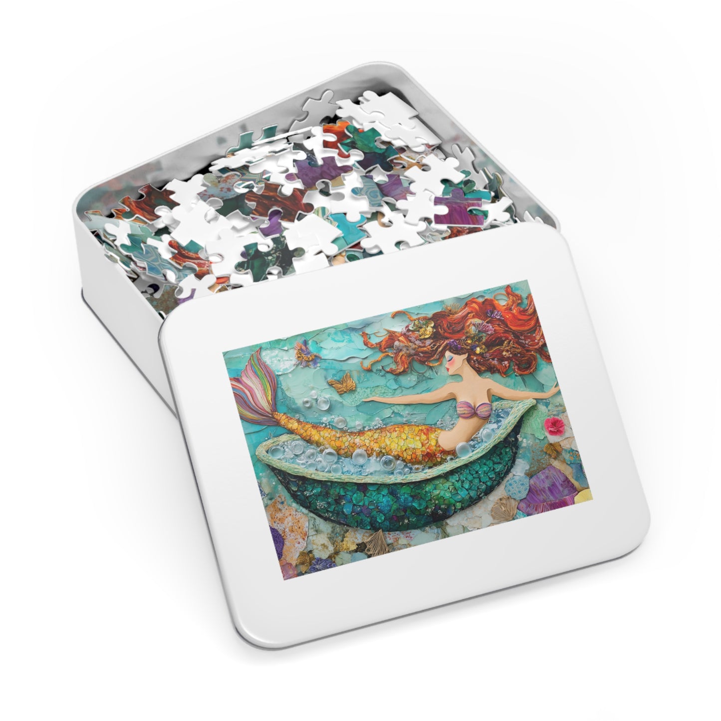 Bubbles Mermaid Bath Tub Jigsaw Puzzle with Tin | Colorful Redhead Mermaid Art Puzzle