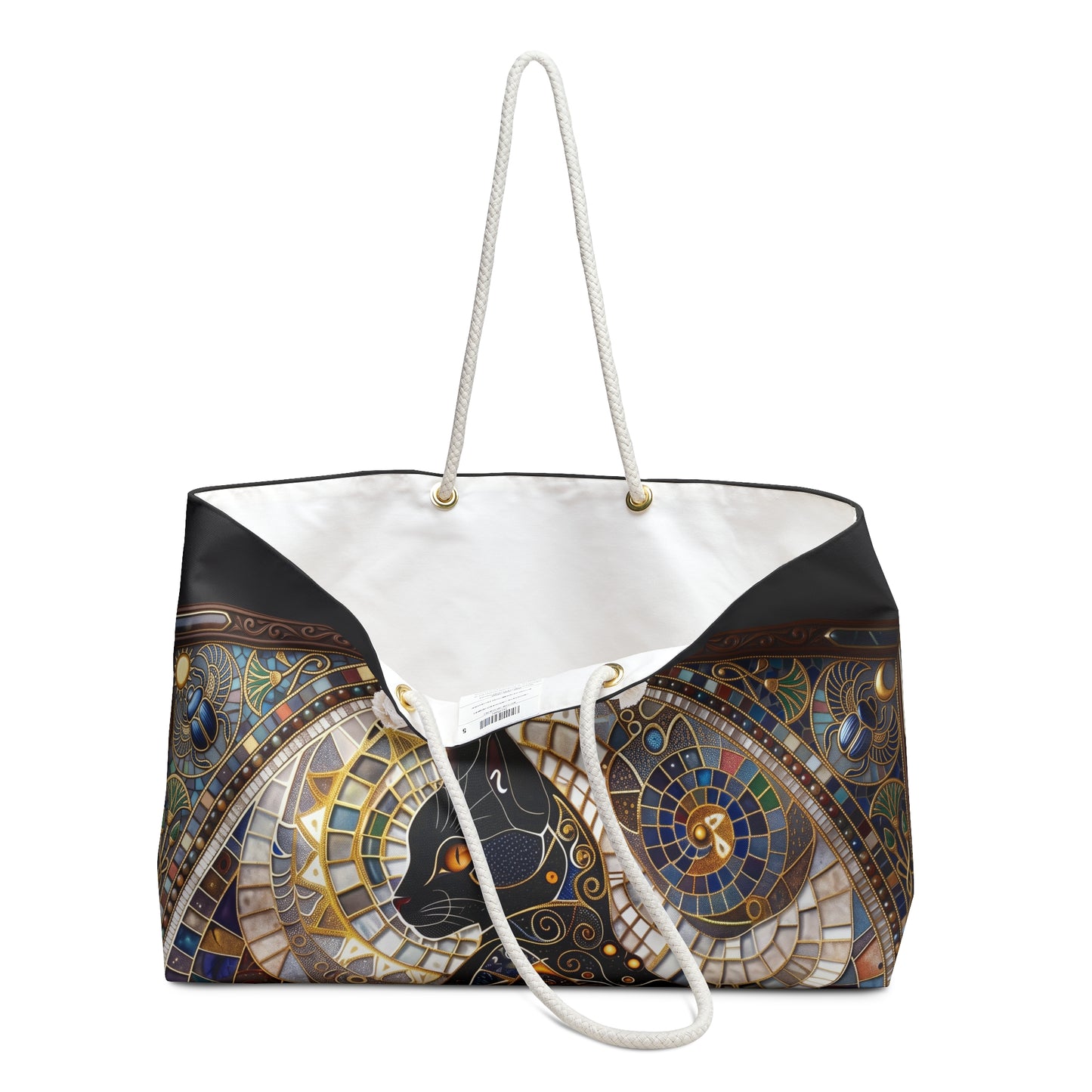 Mystic Mosaic Cat Weekender Bag  Boho Black Cat Travel Tote