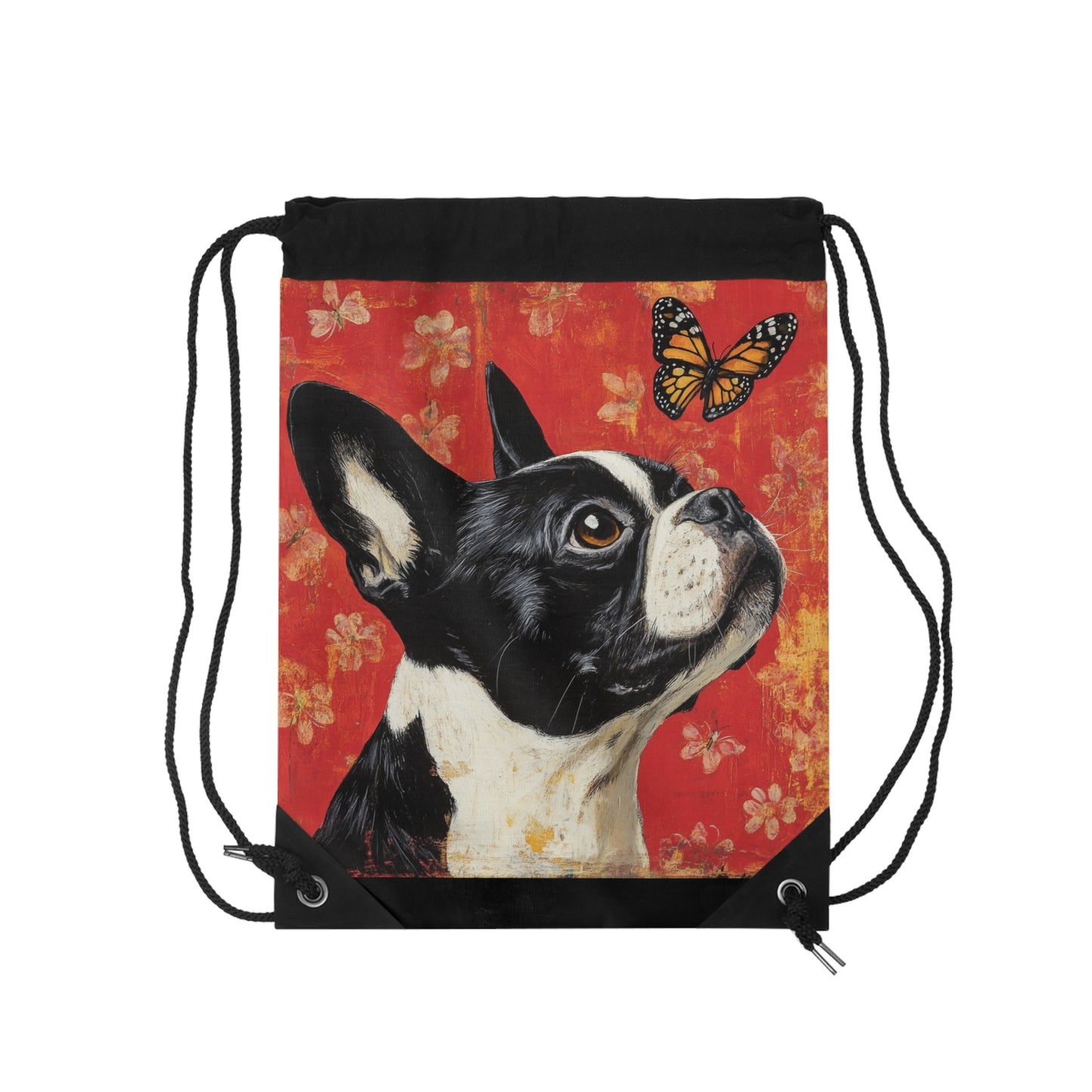Boston Terrier and Monarch Butterfly Drawstring Bag | Dog Art Backpack