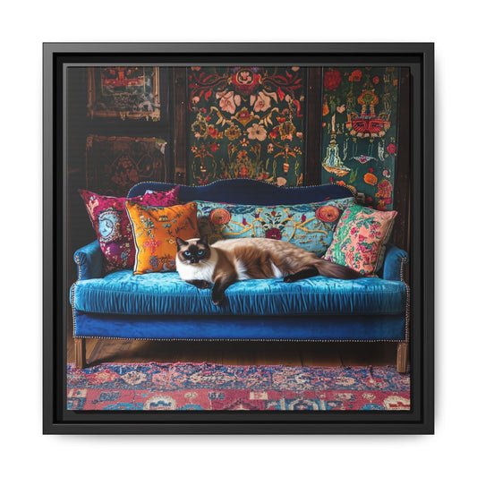 Siamese "House Cat" on Boho Velvet Couch Matte Canvas Framed