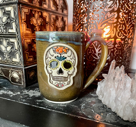 NWT Sugar Skull Mug with Genuine Rose Quartz Crystal, Bodhi Crystal Magic