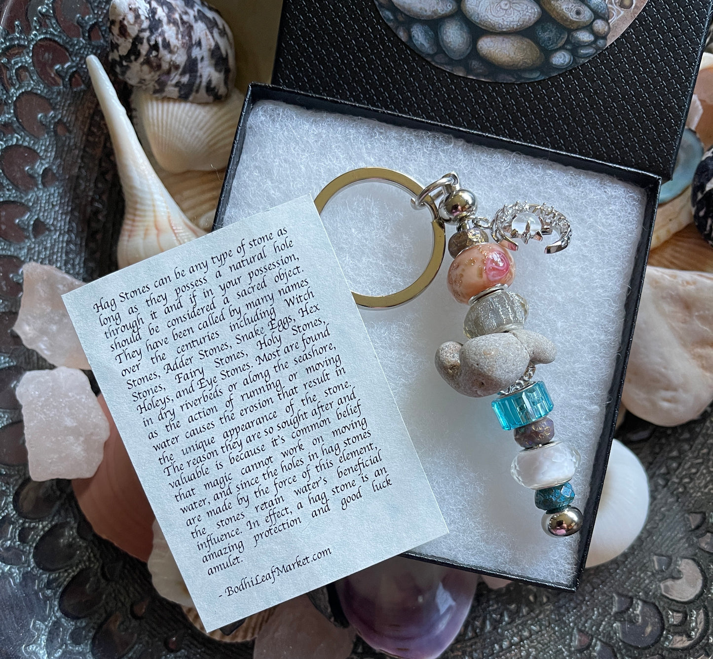 Stone Fairy Gift Box With Hagstone and Bead Keychain