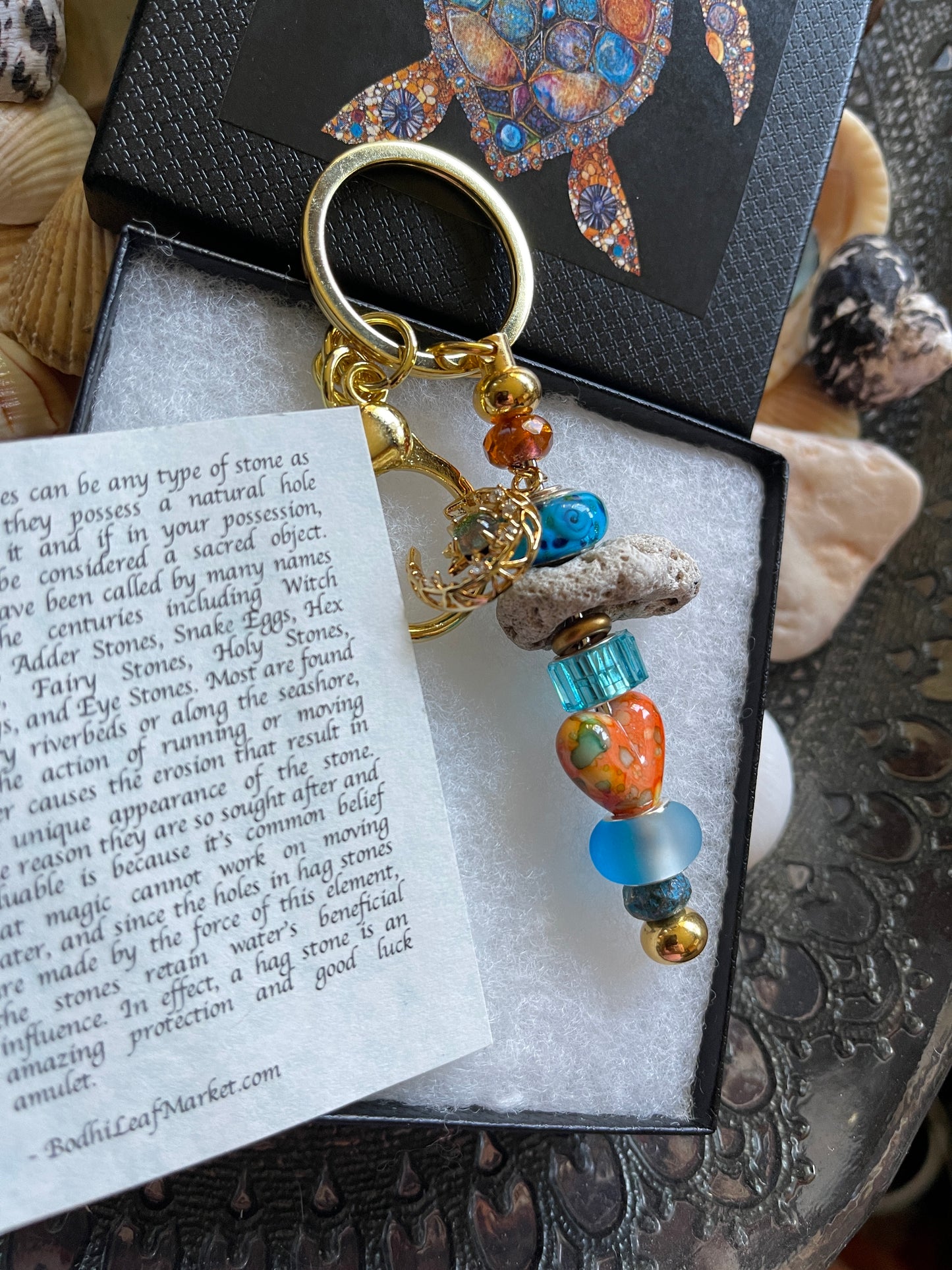 Czech Glass Bead and Stone Keychain with Turtle Gift Box