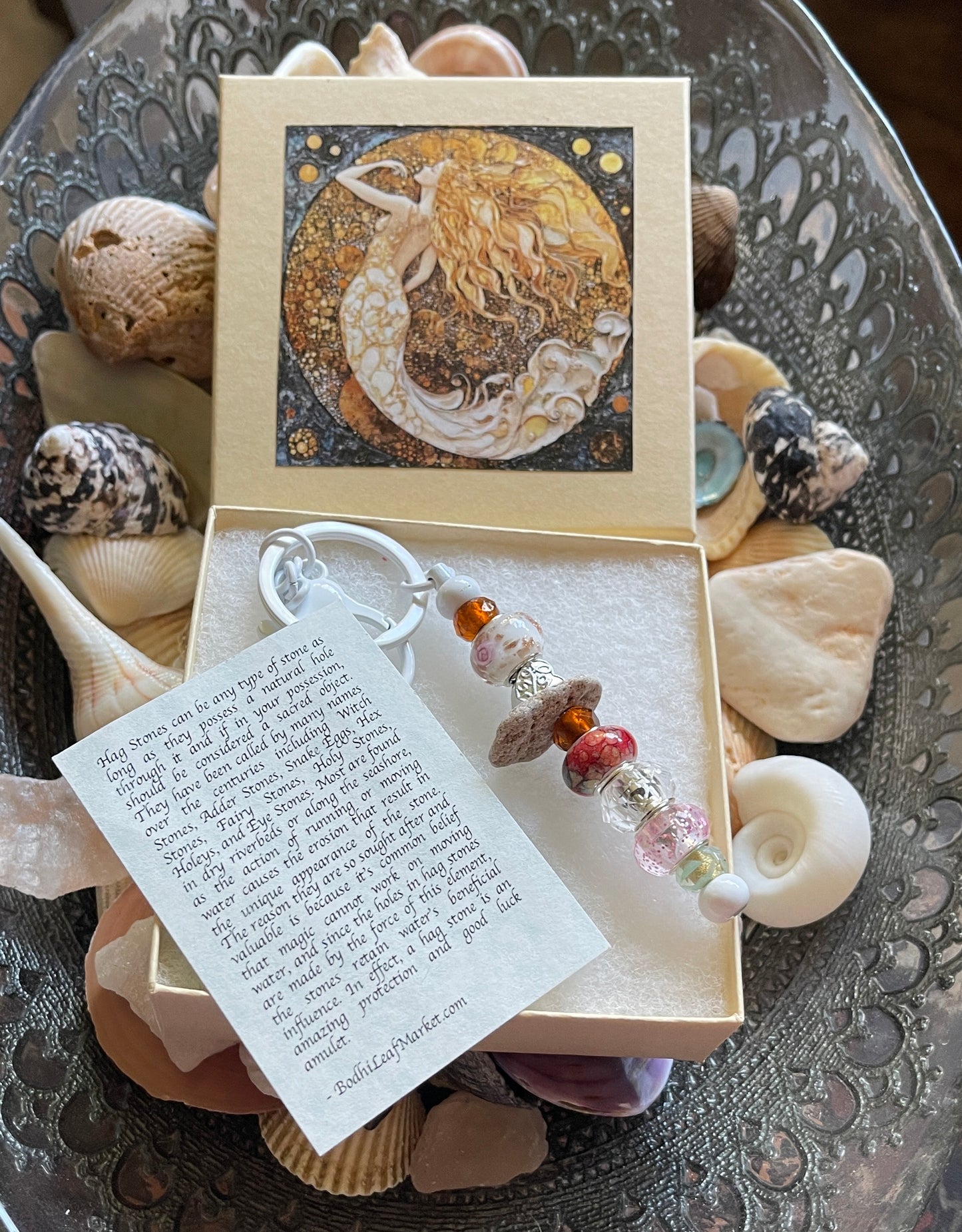 Czech Glass Bead and Stone Keychain with Mermaid Gift Box