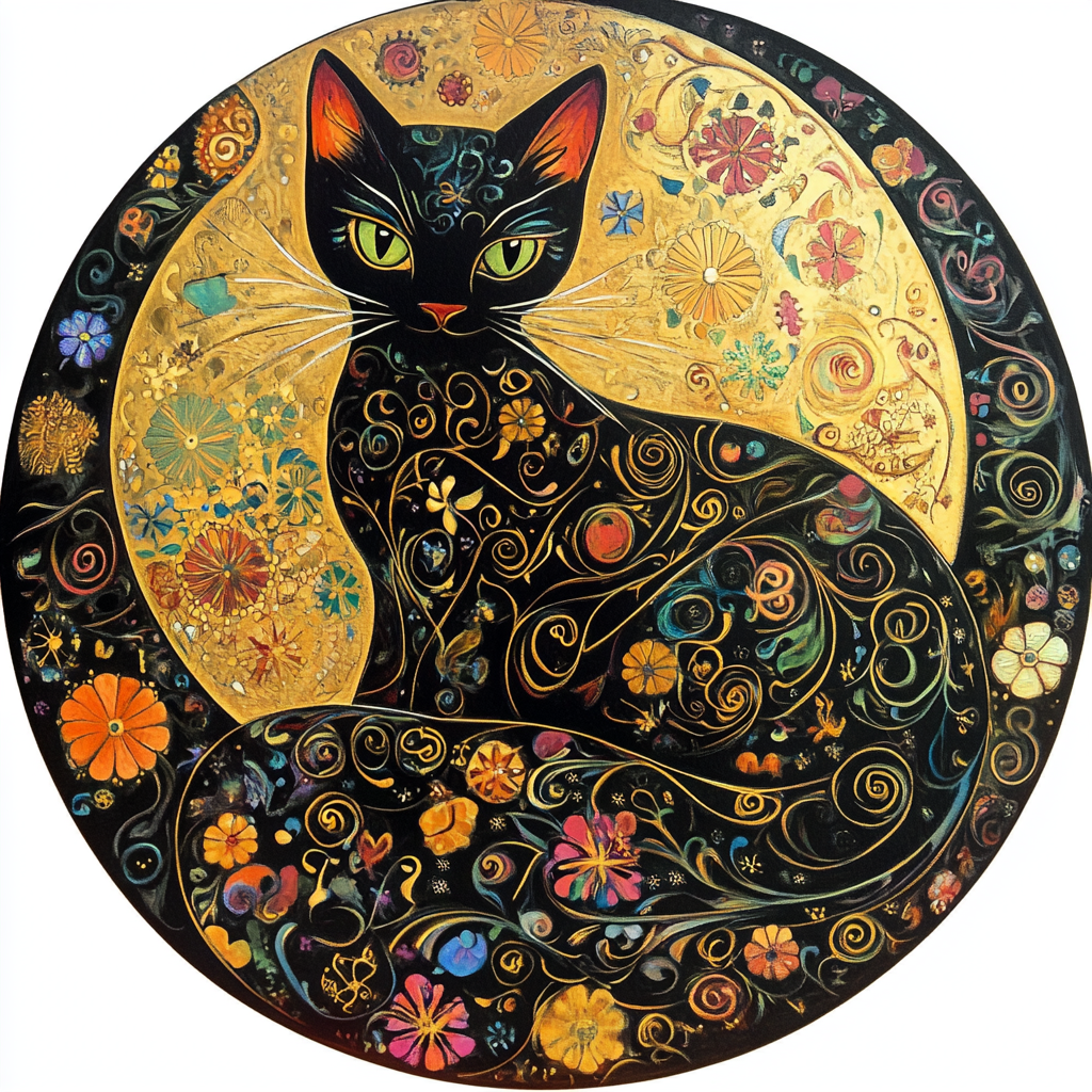 Mystical Floral Black Cat Art Tambourine and Ribbon Wall Hanging, Bodhi Pets