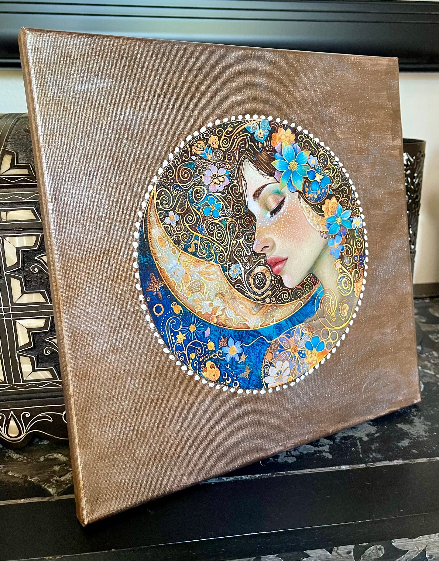 Lady of the Moon Canvas, Acrylic, Decoupaged Art Print, Original Artwork, Goddess Canvas