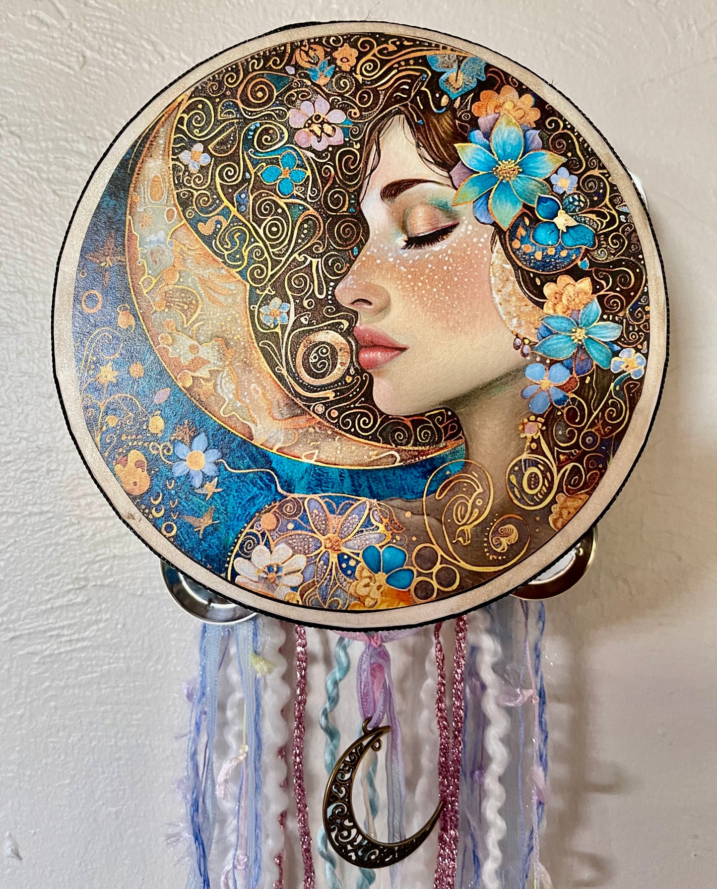 Charmed Lady of The Moon, Original Art, Tambourine and Ribbon Wall Hanging, Bodhi Magic, Moon Charm