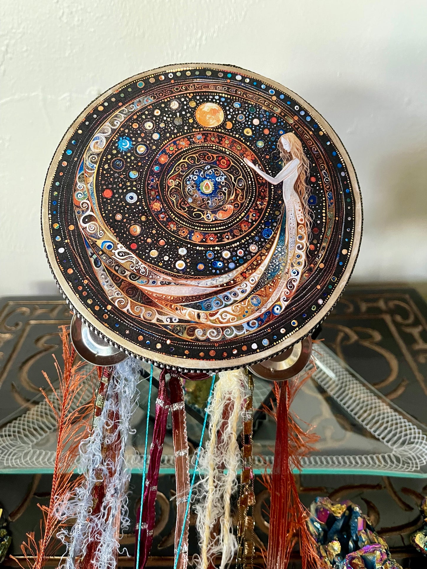 Charmed White Magic Tambourine Art, Original Artwork, Decoupage, White Witch, Wall Accent