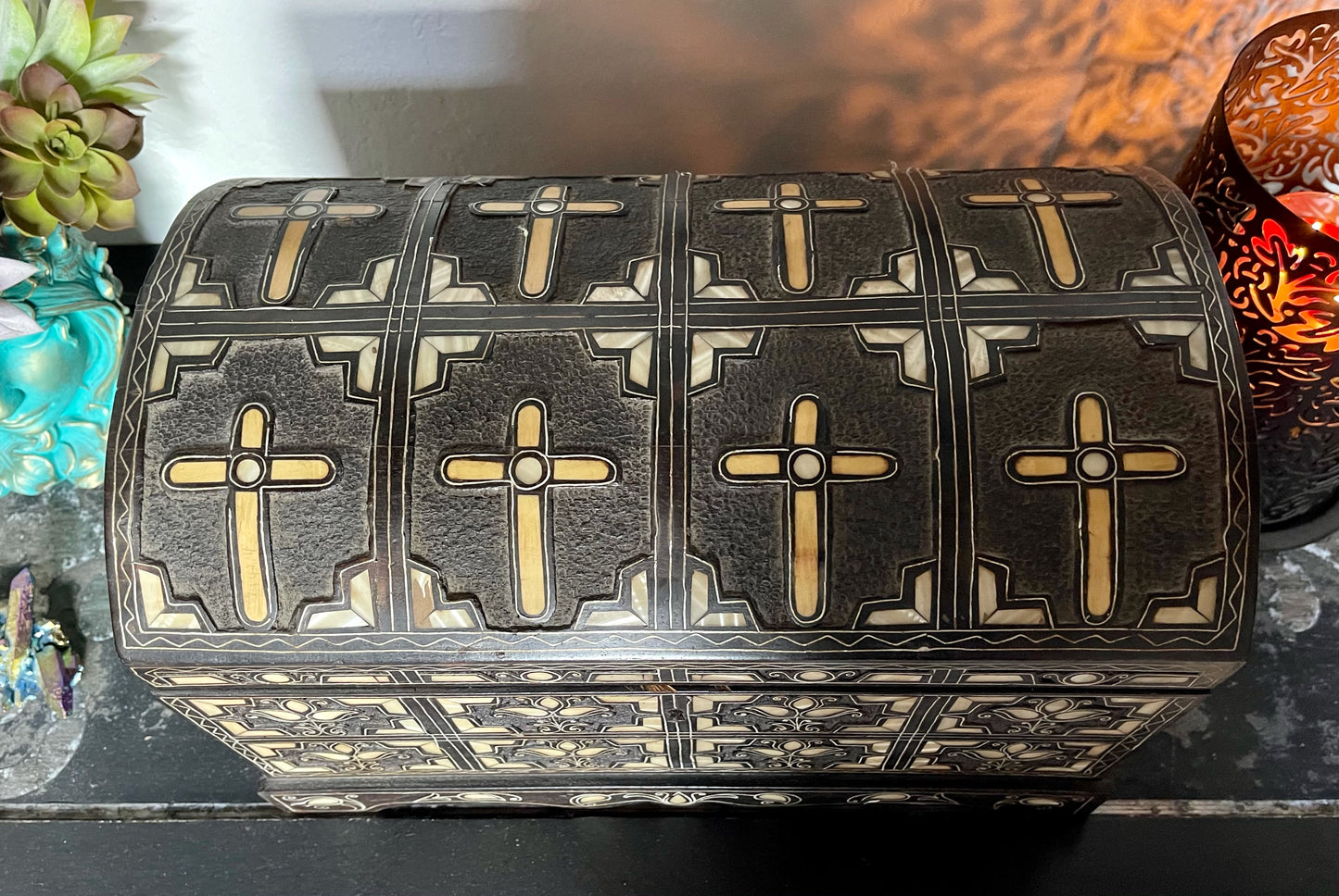 Rare Vintage Hand Carved Camel Bone Cross Detail Trunk, Bodhi Vintage