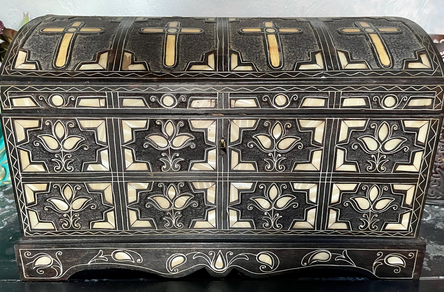 Rare Vintage Hand Carved Camel Bone Cross Detail Trunk, Bodhi Vintage
