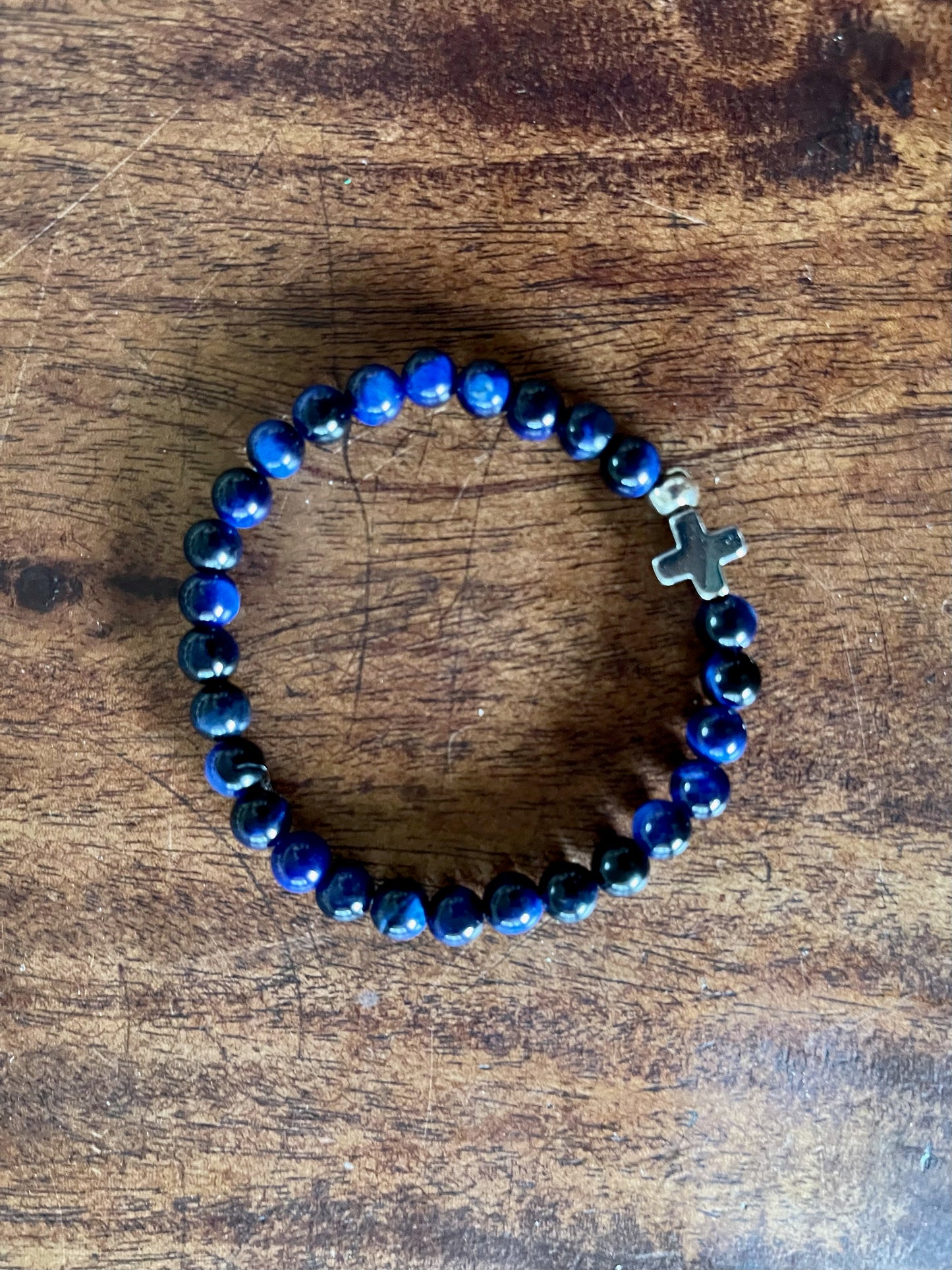 Hand Beaded Deep Blue Tiger Eye Look Spacer Goddess Bracelet, Bodhi Jewelry