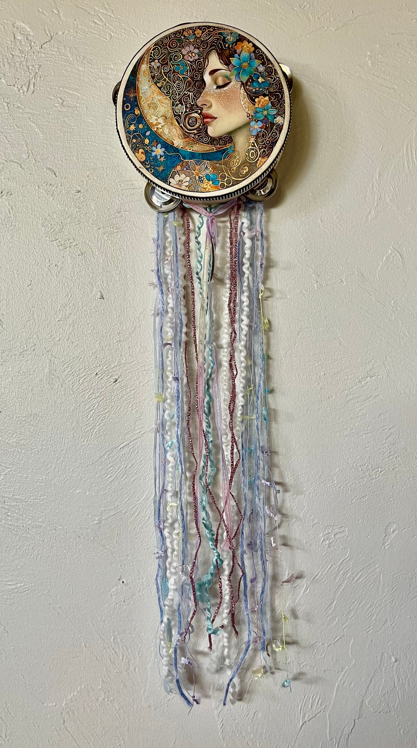 Charmed Lady of The Moon, Original Art, Tambourine and Ribbon Wall Hanging, Bodhi Magic, Moon Charm