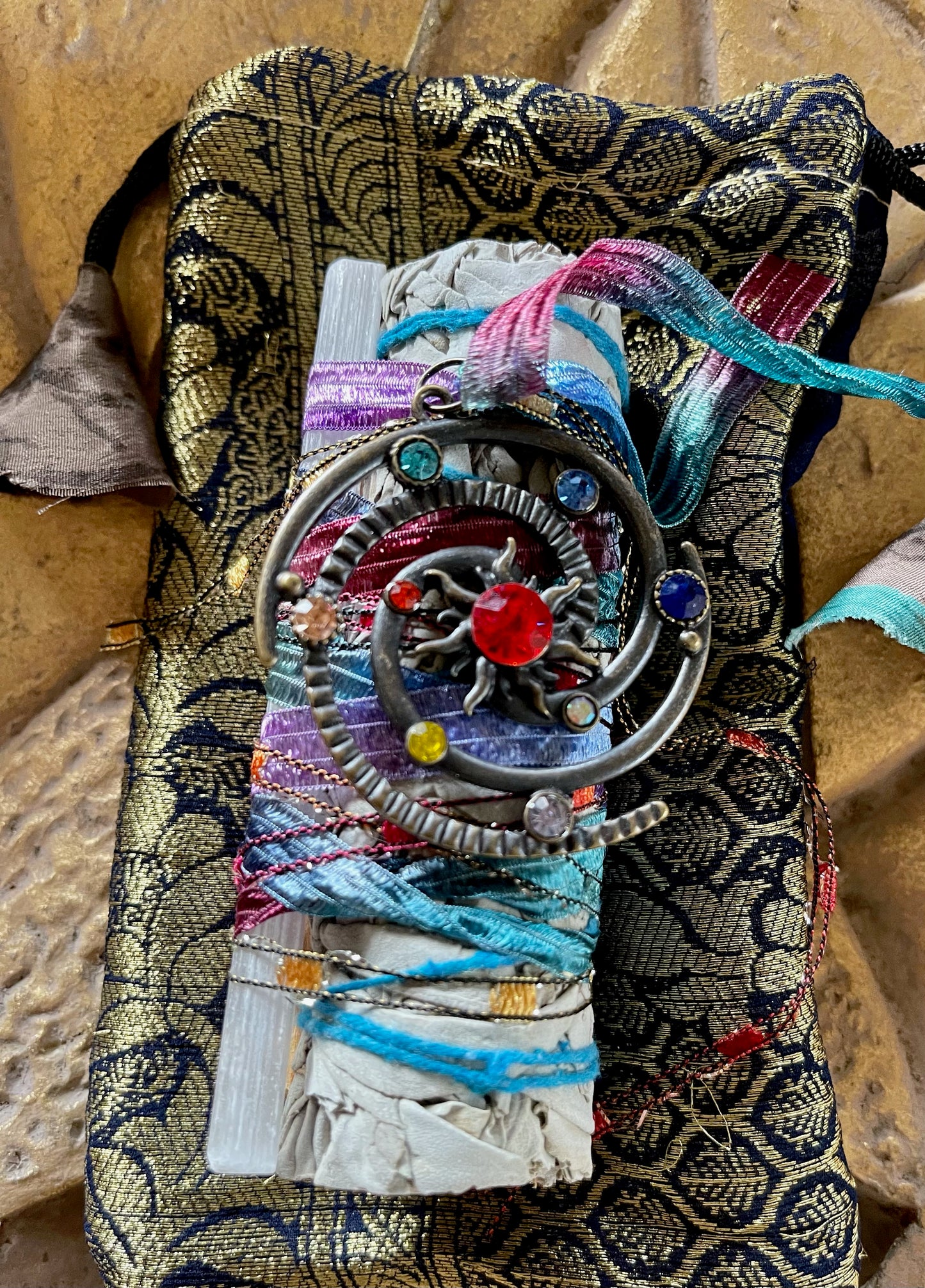 Crystal Charm High Vibration Ribbon Wrapped Sage Bundle, Bodhi Gifts