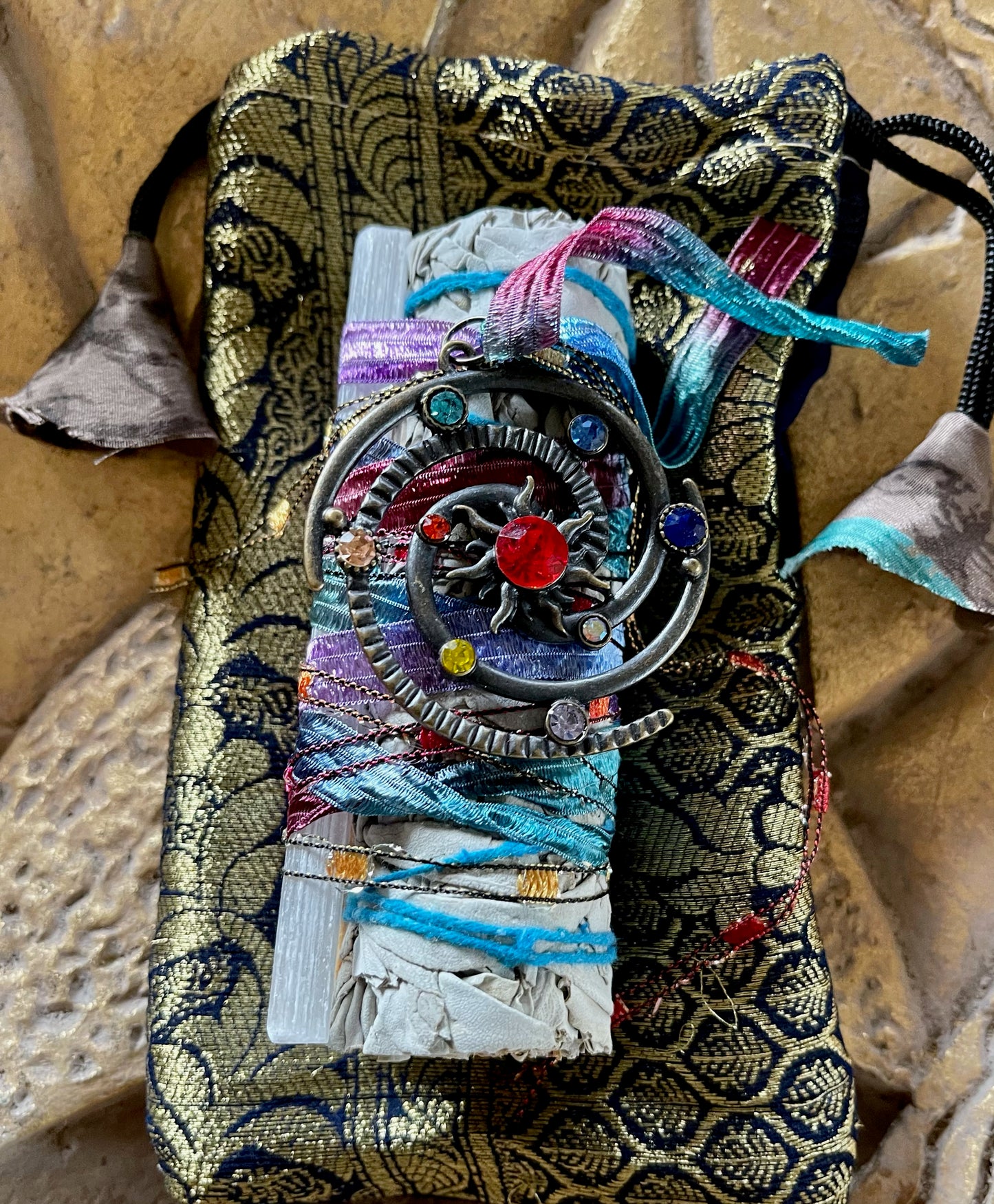 Crystal Charm High Vibration Ribbon Wrapped Sage Bundle, Bodhi Gifts