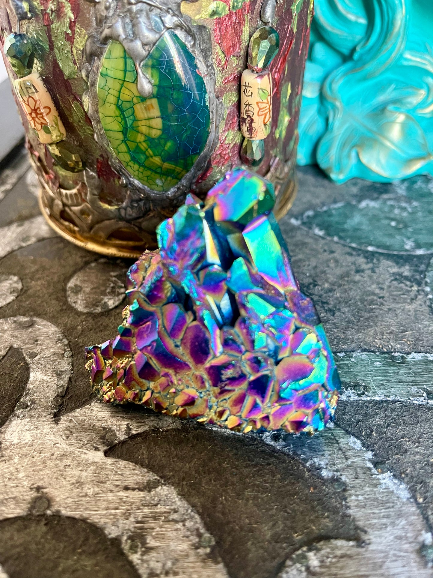 Gorgeous Rainbow Aqua Aura Quartz Crystal Cluster, Crystal Magic