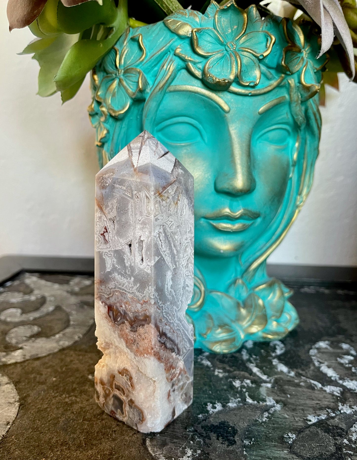 Striking Lace Agate Tower with Beautiful Druzy, Bodhi Crystal Magic