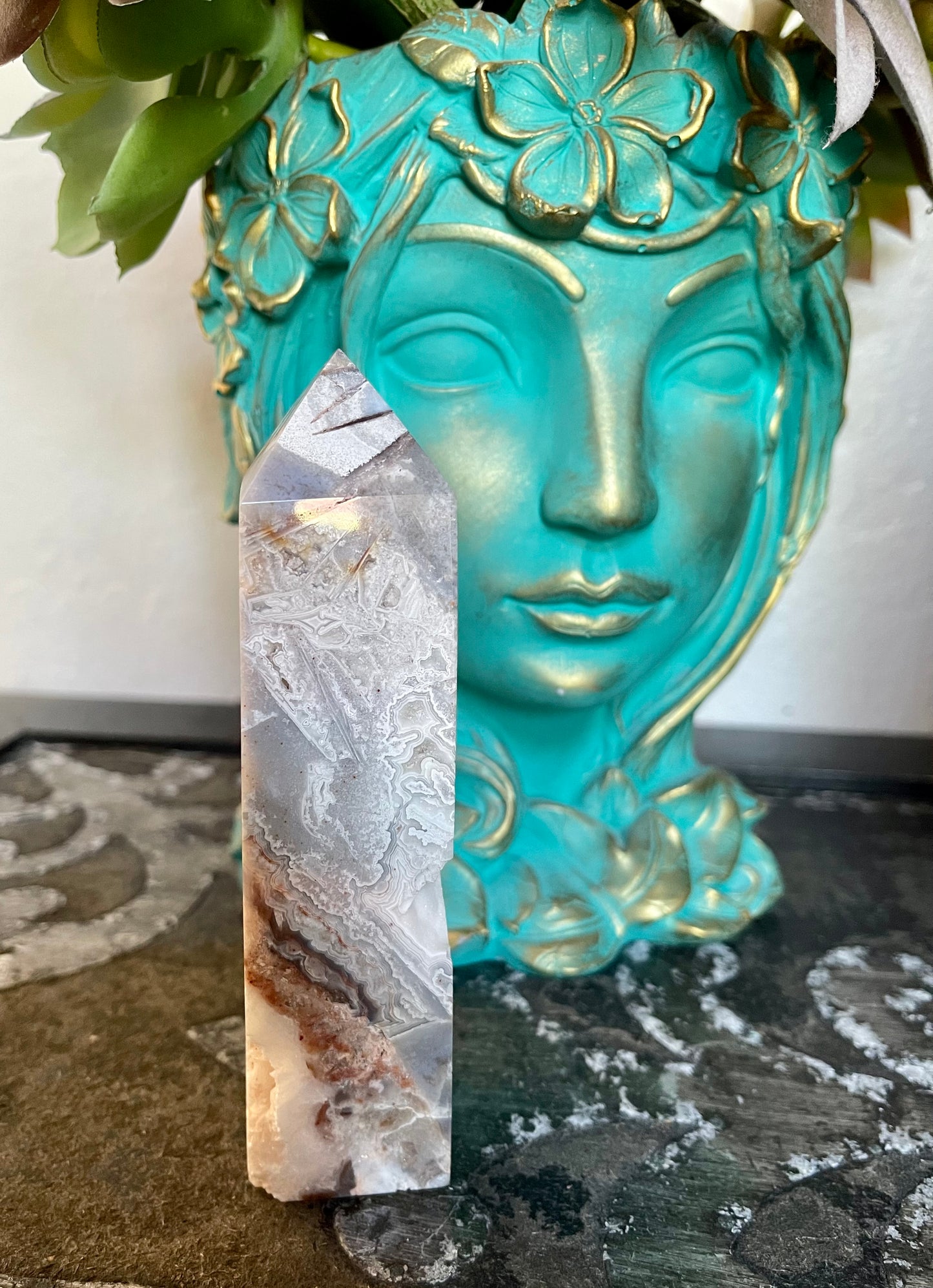 Striking Lace Agate Tower with Beautiful Druzy, Bodhi Crystal Magic