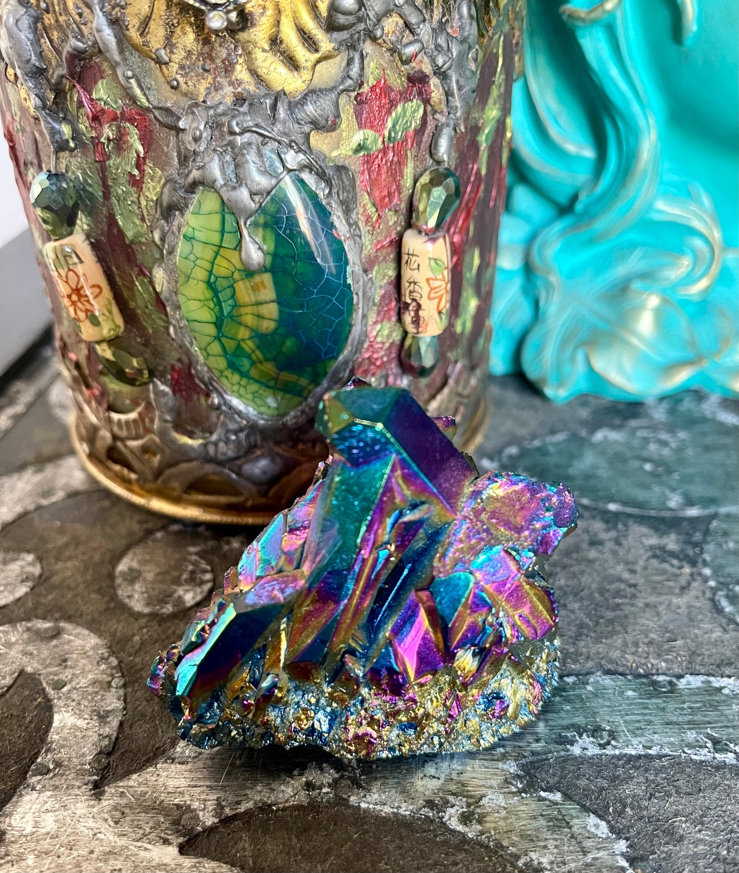 Gorgeous Rainbow Aqua Aura Quartz Crystal Cluster, Crystal Magic