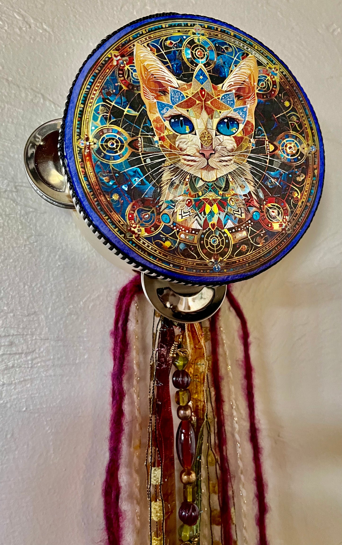 Charmed Hamsa Cat Tambourine Art, Original Artwork, Bodhi Home Decor