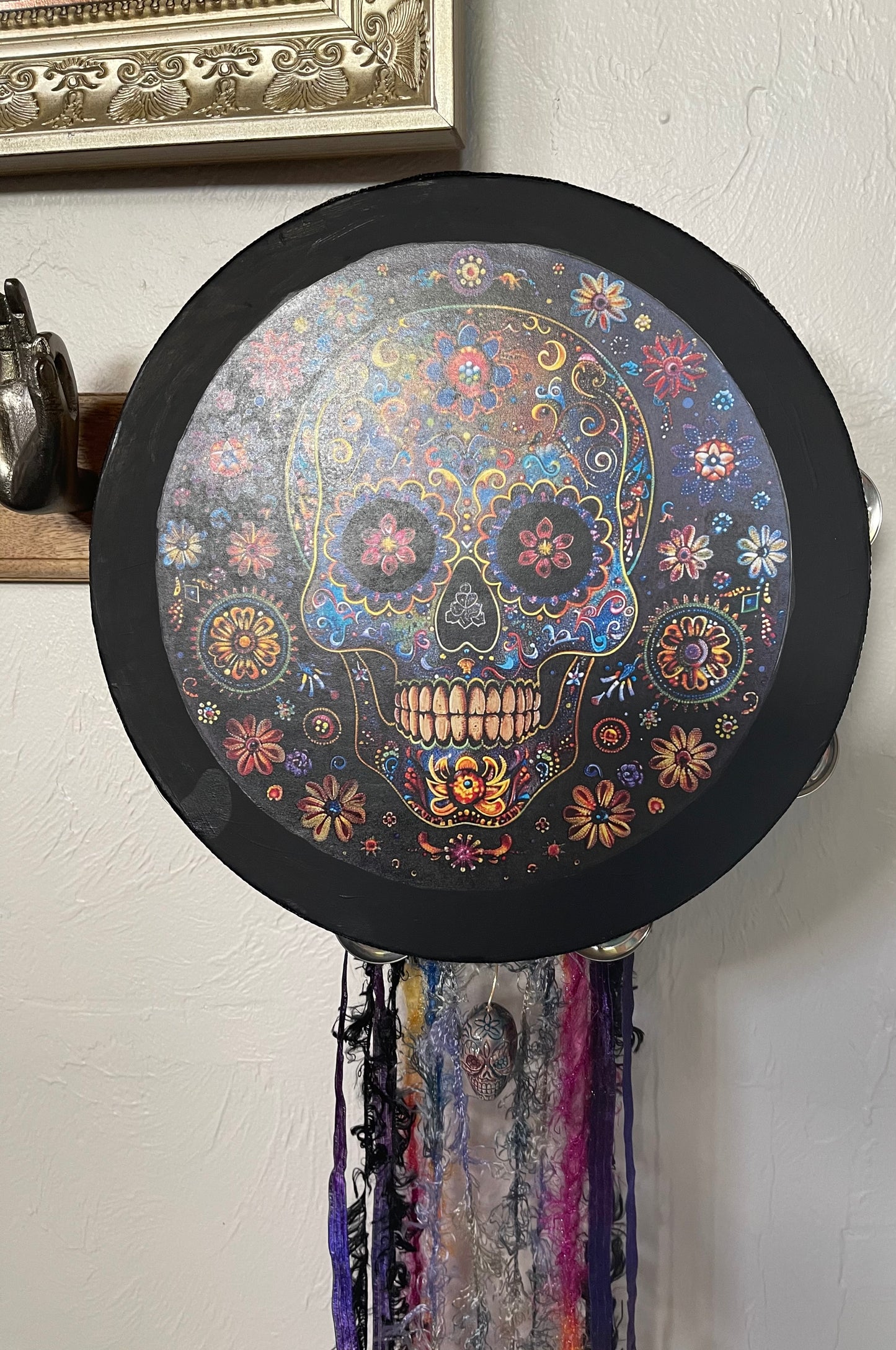 Sugar Skull Tambourine Wall Hanging with Raku Glazed FLORAL SUGAR SKULL Bead, Bodhi Home Decor