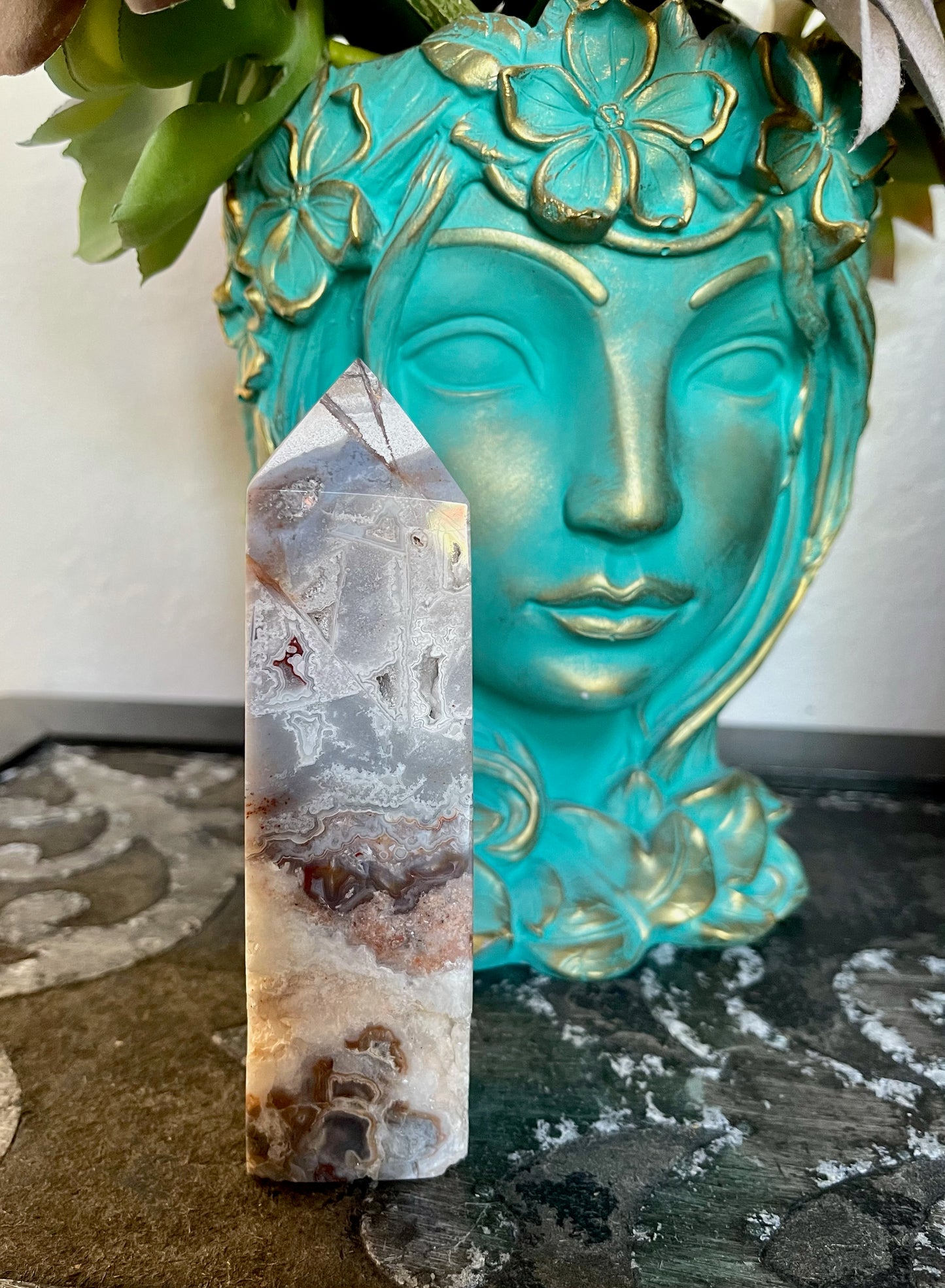Striking Lace Agate Tower with Beautiful Druzy, Bodhi Crystal Magic