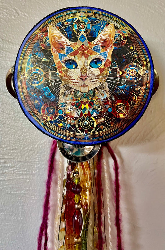 Charmed Hamsa Cat Tambourine Art, Original Artwork, Bodhi Home Decor