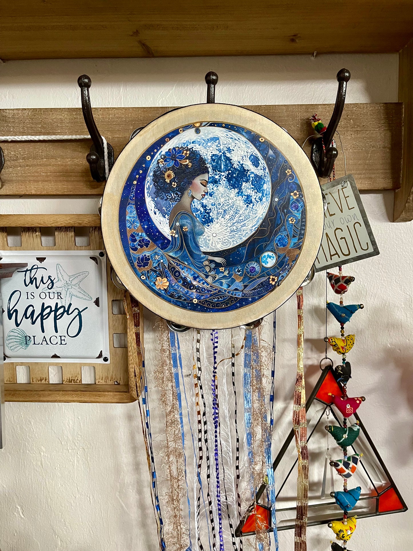 Beautiful Blue Moon Mystical Goddess Tambourine and Ribbon Wall Art, Bodhi Goddess