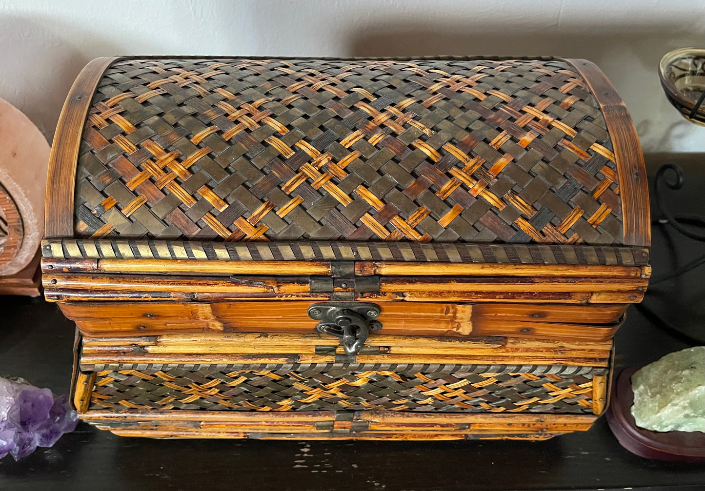 Handsome Large Vintage Wicker and Metal Wrapped Trunk, Bodhi Vintage