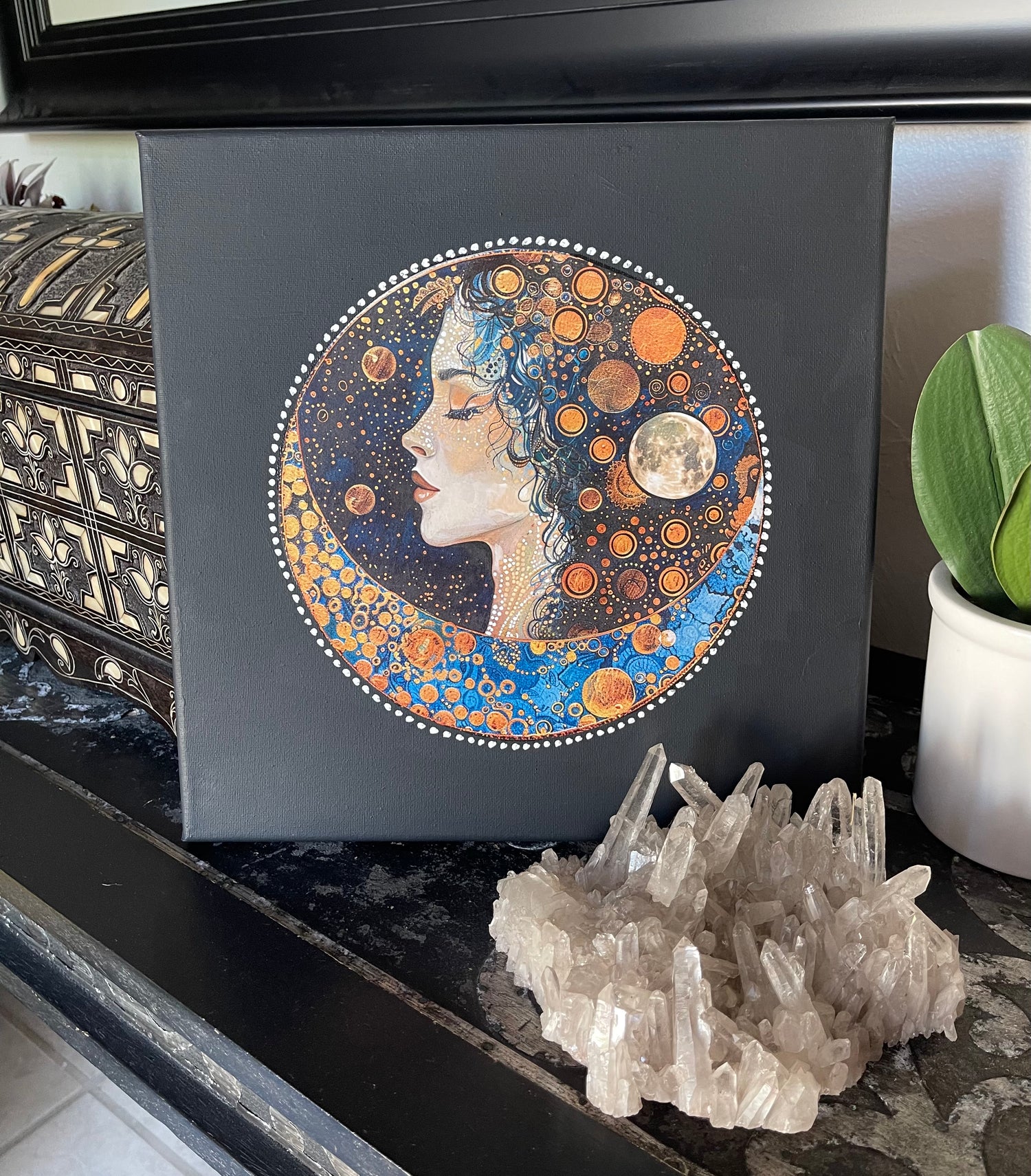 moon lady, mystic moon, mystical moon, mystic moon goddess, mystical moon goddess, lady of the moon canvas, moon canvas, bodhi leaf market