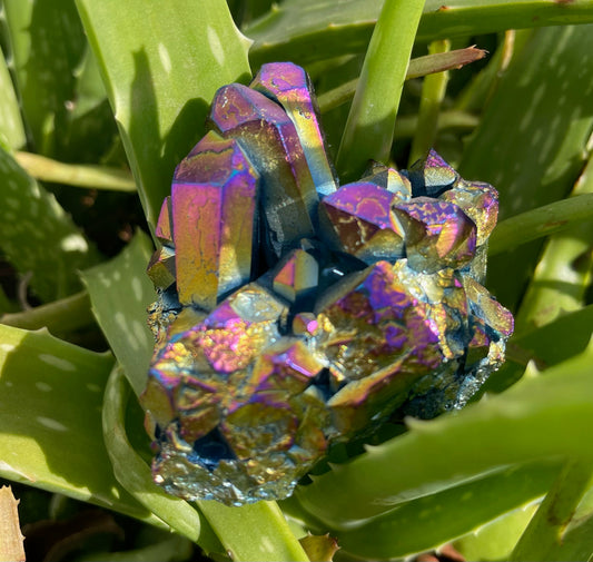 Large Unique Rainbow Aqua Aura Quartz Crystal Cluster, Crystal Magic