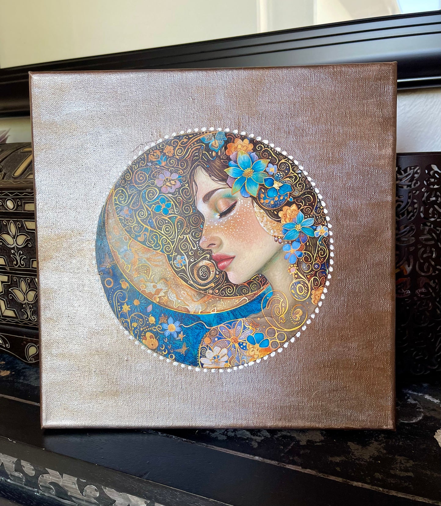 moon goddess, mystical moon goddess, lady of the moon, moon goddess wall art, goddess canvas, goddess tambourine, bodhi leaf market, beautiful goddess, colorful goddess, mystic goddess, mystical moon