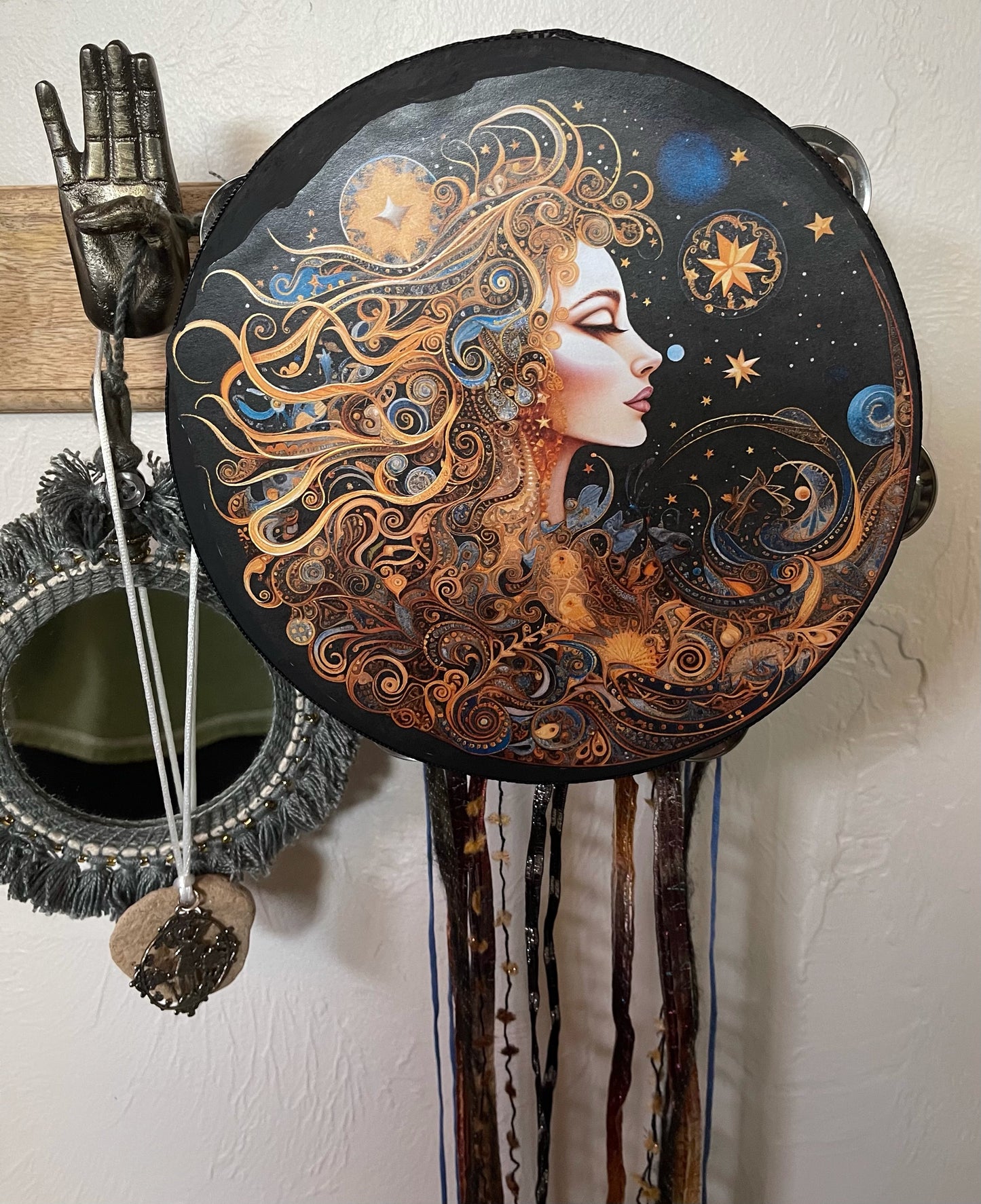 Mystical Moon Goddess Tambourine and Ribbon Wall Art, Bodhi Goddess