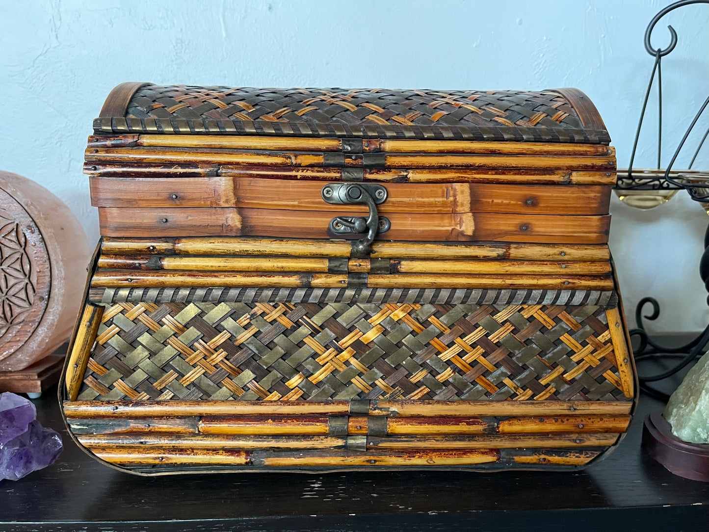 Handsome Large Vintage Wicker and Metal Wrapped Trunk, Bodhi Vintage