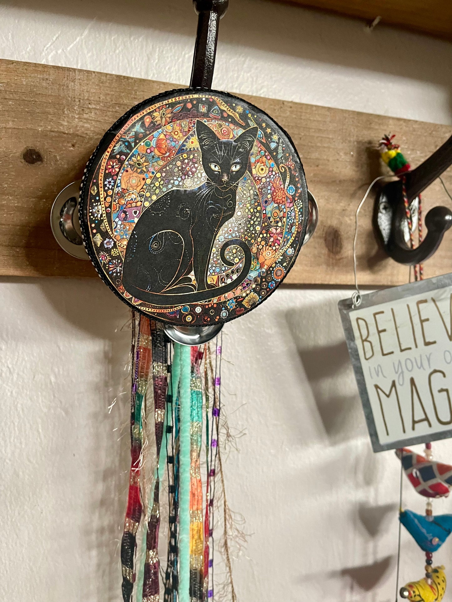 Charmed Mystical Black Cat Tambourine and Ribbon Wall Hanging, Bodhi Home Decor