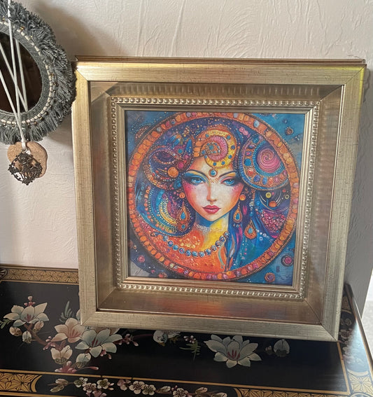 Limited Edition "Bliss" Goddess Art Print on Decoupage Rice Paper in Heavy Shadow Box Frame, Bodhi Home Decor