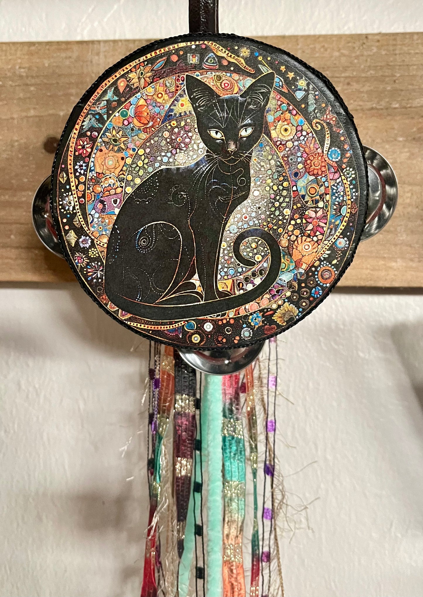 Charmed Mystical Black Cat Tambourine and Ribbon Wall Hanging, Bodhi Home Decor