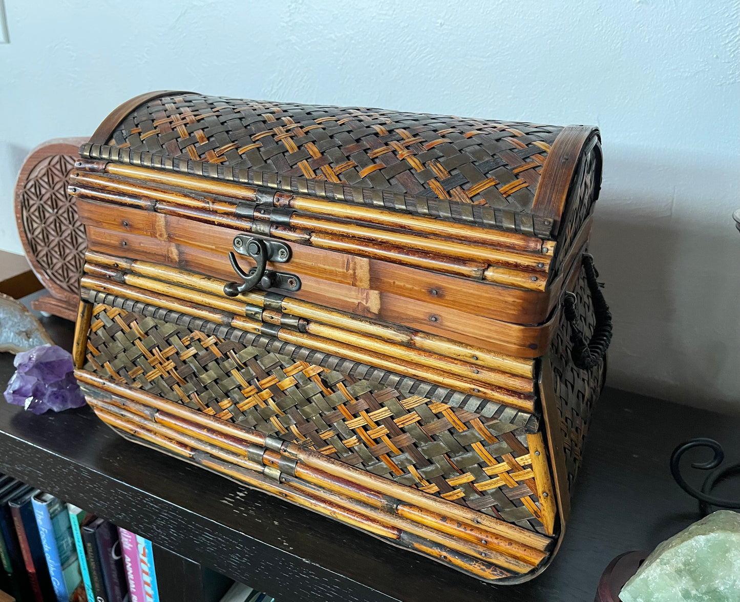 Handsome Large Vintage Wicker and Metal Wrapped Trunk, Bodhi Vintage