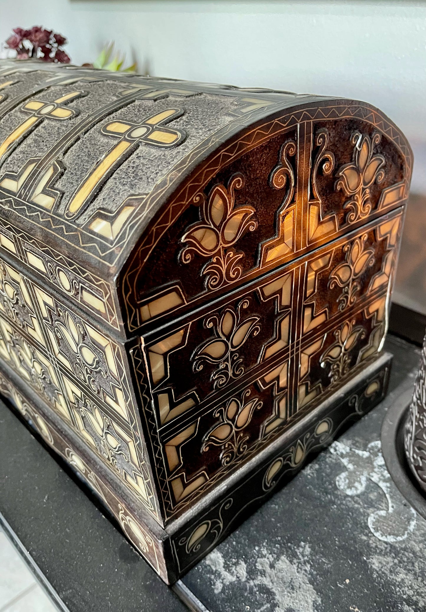 Rare Vintage Hand Carved Camel Bone Cross Detail Trunk, Bodhi Vintage