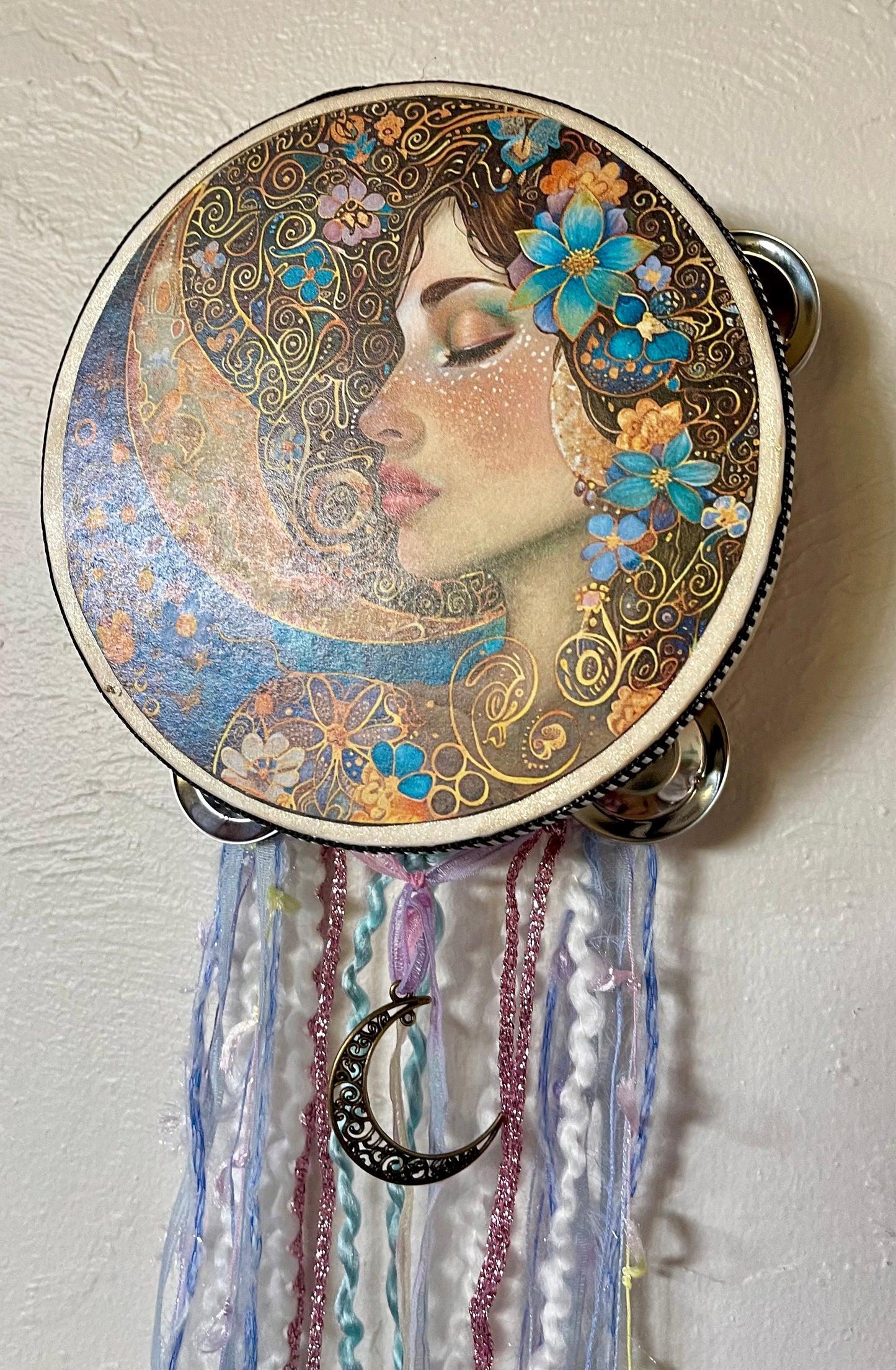 Charmed Lady of The Moon, Original Art, Tambourine and Ribbon Wall Hanging, Bodhi Magic, Moon Charm